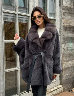 Шуба Летучая мышь из норки Graphite с английским воротником из меха куницы