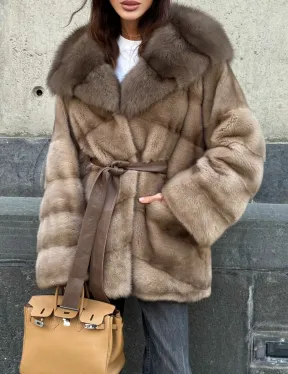 Женское зимнее норковое пончо с капюшоном куница - цвет пастель