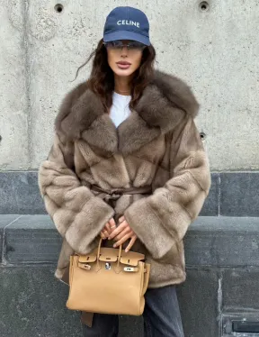 Женское зимнее норковое пончо с капюшоном куница - цвет пастель