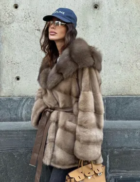 Женское зимнее норковое пончо с капюшоном куница - цвет пастель