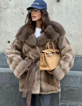 Женское зимнее норковое пончо с капюшоном куница - цвет пастель