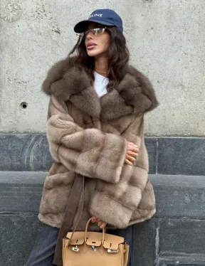 Женское зимнее норковое пончо с капюшоном куница - цвет пастель