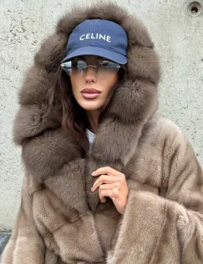 Женское зимнее норковое пончо с капюшоном куница - цвет пастель