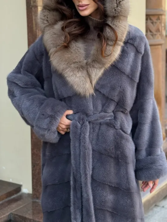 Удлиненная женская норковая шуба паркет с капюшоном из меха куница