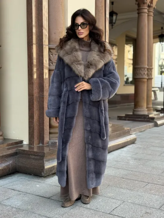 Удлиненная женская норковая шуба паркет с капюшоном из меха куница