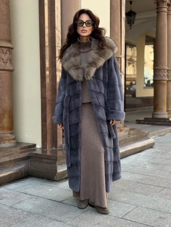 Удлиненная женская норковая шуба паркет с капюшоном из меха куница