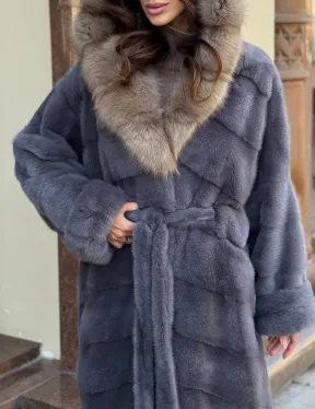 Удлиненная женская норковая шуба паркет с капюшоном из меха куница