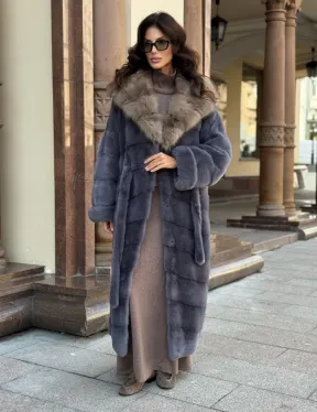 Удлиненная женская норковая шуба паркет с капюшоном из меха куница