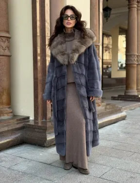 Удлиненная женская норковая шуба паркет с капюшоном из меха куница