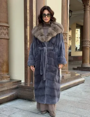 Удлиненная женская норковая шуба паркет с капюшоном из меха куница