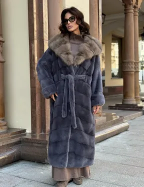 Удлиненная женская норковая шуба паркет с капюшоном из меха куница