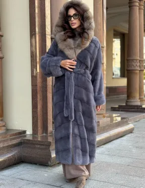 Удлиненная женская норковая шуба паркет с капюшоном из меха куница
