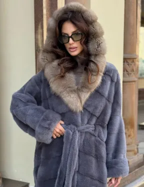 Удлиненная женская норковая шуба паркет с капюшоном из меха куница