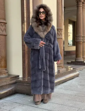 Удлиненная женская норковая шуба паркет с капюшоном из меха куница