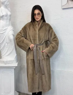 Элегантная норковая шуба кимоно с V-образным воротником в цвете Pastel