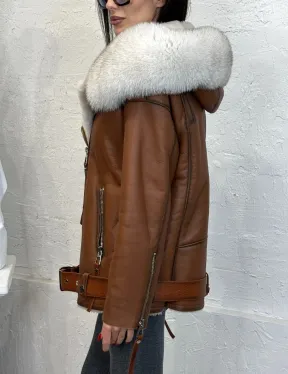 Дубленка - куртка женская из натуральной овчины с капюшоном из меха финского песца