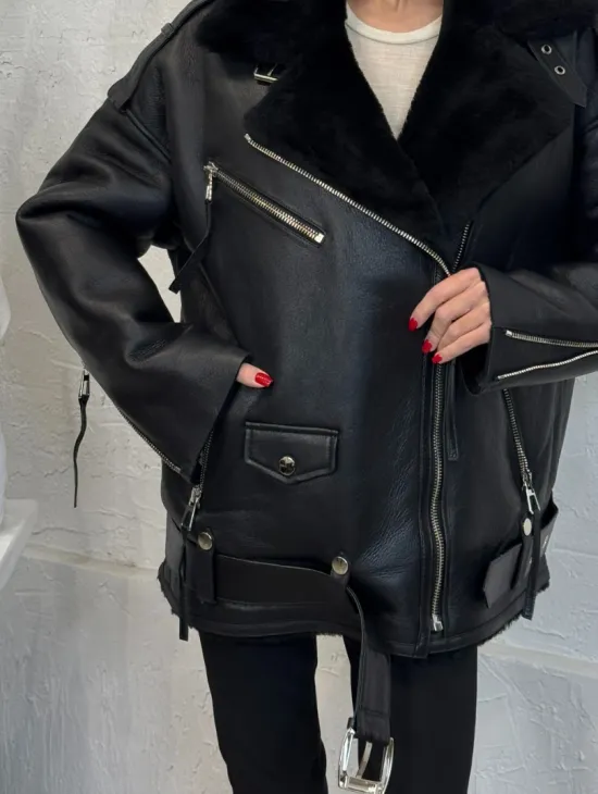 Дубленка зимняя авиатор из натуральной овчины - цвет черный