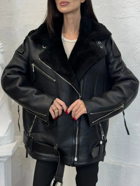 Дубленка зимняя авиатор из натуральной овчины - цвет черный