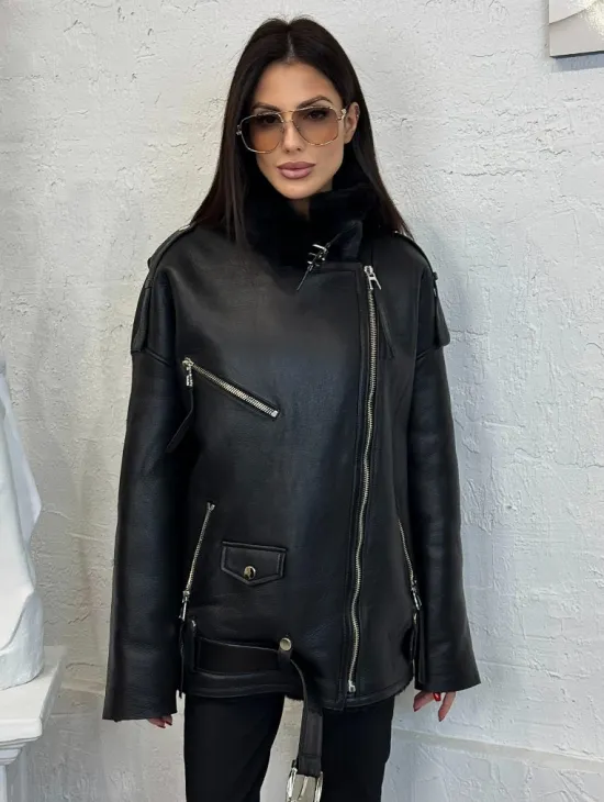 Дубленка зимняя авиатор из натуральной овчины - цвет черный