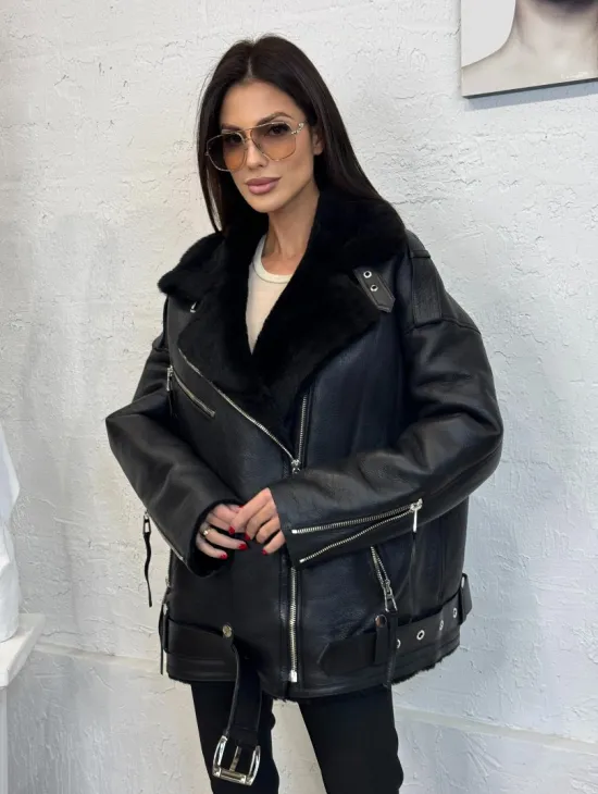 Дубленка зимняя авиатор из натуральной овчины - цвет черный