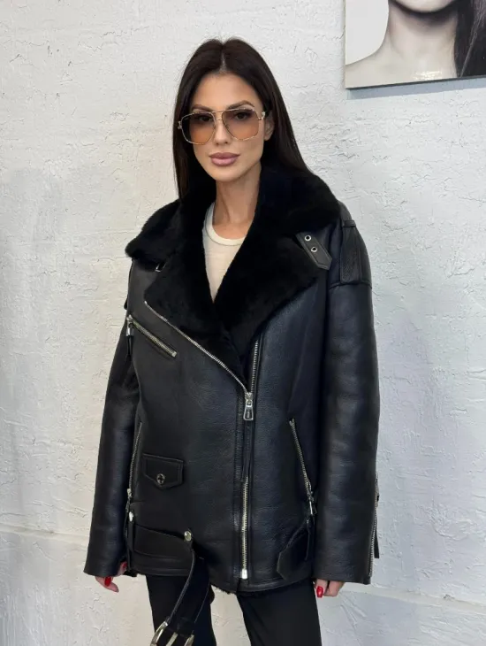 Дубленка зимняя авиатор из натуральной овчины - цвет черный