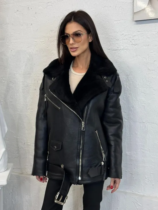 Дубленка зимняя авиатор из натуральной овчины - цвет черный