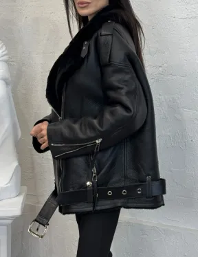 Дубленка зимняя авиатор из натуральной овчины - цвет черный