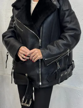 Дубленка зимняя авиатор из натуральной овчины - цвет черный