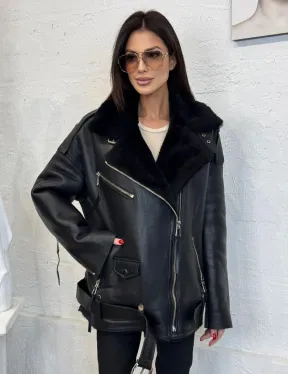 Дубленка зимняя авиатор из натуральной овчины - цвет черный