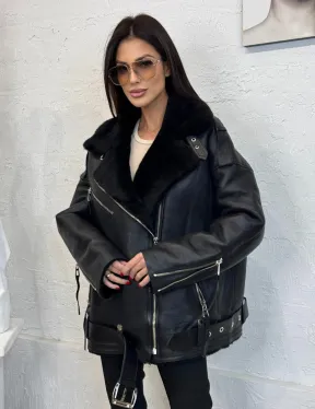 Дубленка зимняя авиатор из натуральной овчины - цвет черный