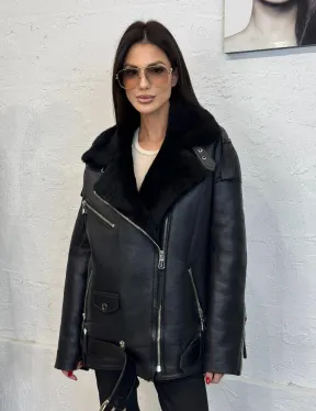 Дубленка зимняя авиатор из натуральной овчины - цвет черный