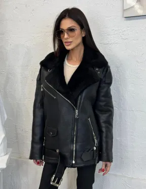 Дубленка зимняя авиатор из натуральной овчины - цвет черный