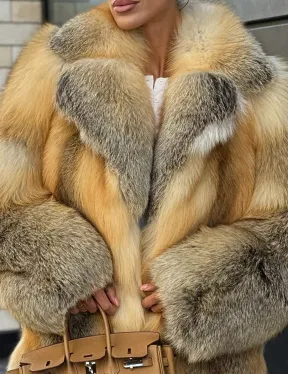 Золотистая шуба из натурального меха лисы цельные пластины