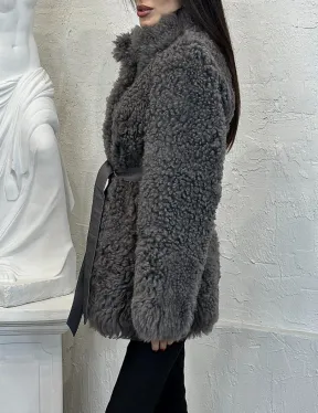 Двухсторонняя женская шуба - дублёнка из меха тиградо, стойка воротник