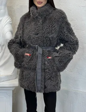Двухсторонняя женская шуба - дублёнка из меха тиградо, стойка воротник