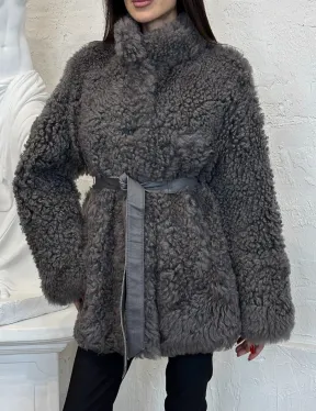 Двухсторонняя женская шуба - дублёнка из меха тиградо, стойка воротник