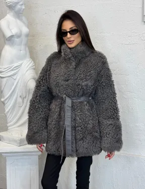 Двухсторонняя женская шуба - дублёнка из меха тиградо, стойка воротник