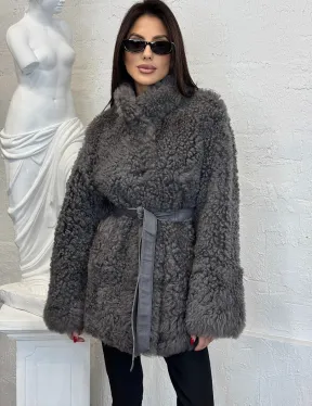 Двухсторонняя женская шуба - дублёнка из меха тиградо, стойка воротник