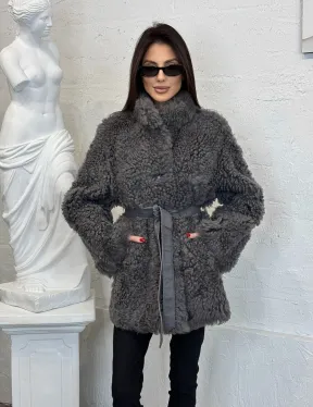 Двухсторонняя женская шуба - дублёнка из меха тиградо, стойка воротник