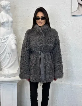 Двухсторонняя женская шуба - дублёнка из меха тиградо, стойка воротник