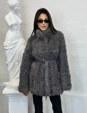 Двухсторонняя женская шуба - дублёнка из меха тиградо, стойка воротник
