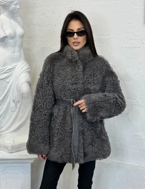 Двухсторонняя женская шуба - дублёнка из меха тиградо, стойка воротник