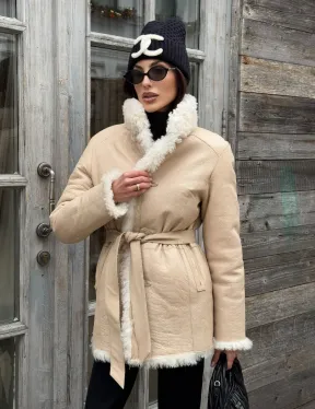 Женская шуба - дубленка двухсторонняя из натурального меха тиградо, стойка воротник