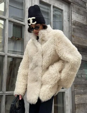 Женская шуба - дубленка двухсторонняя из натурального меха тиградо, стойка воротник