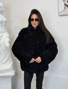 Черный двухсторонний полушубок из натурального меха овчины
