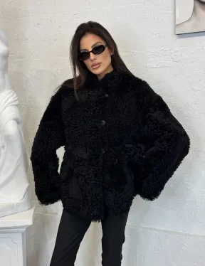 Черный двухсторонний полушубок из натурального меха овчины