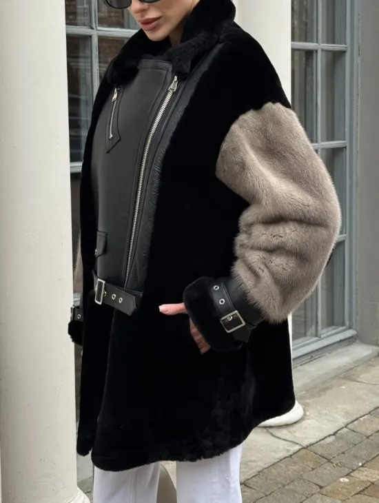 Удлиненная дубленка из натурального мериноса с отделкой из меха норки