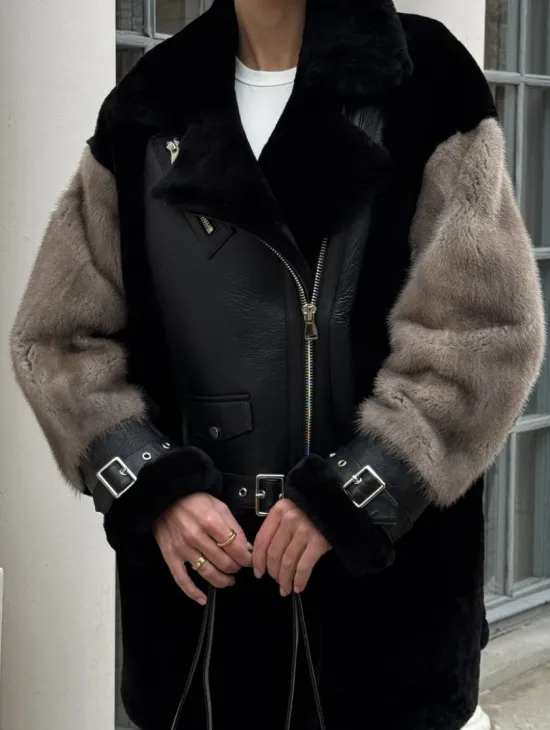 Удлиненная дубленка из натурального мериноса с отделкой из меха норки