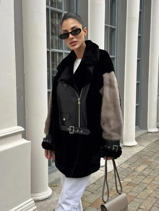 Удлиненная дубленка из натурального мериноса с отделкой из меха норки