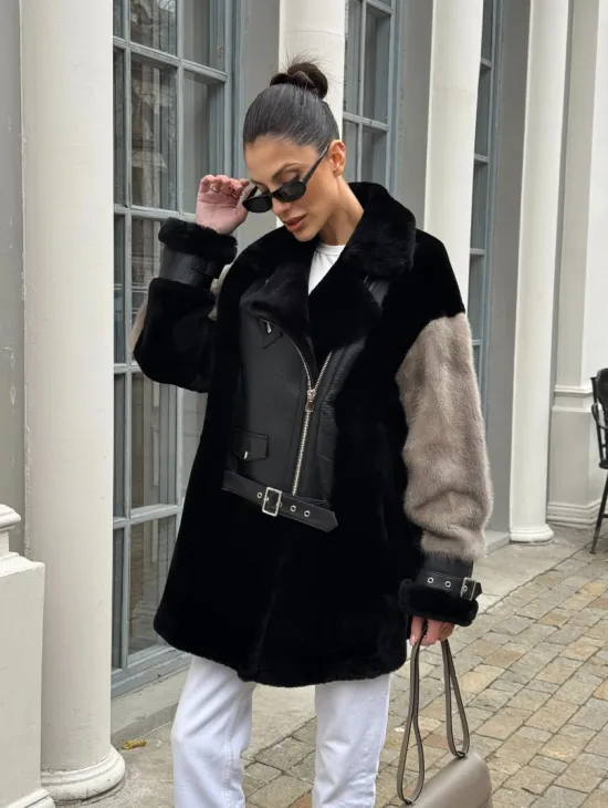 Удлиненная дубленка из натурального мериноса с отделкой из меха норки